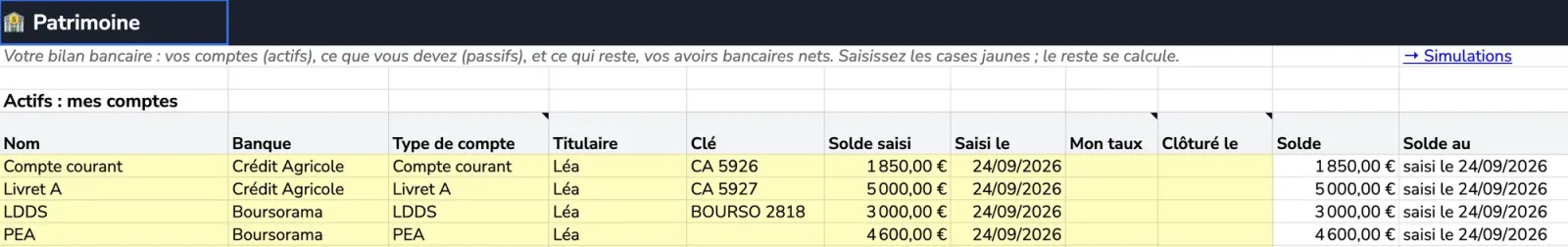 L’onglet Patrimoine du fichier Exemple, avec des données fictives&nbsp;: les comptes, leur banque, leur titulaire, leur solde et le taux personnalisable.