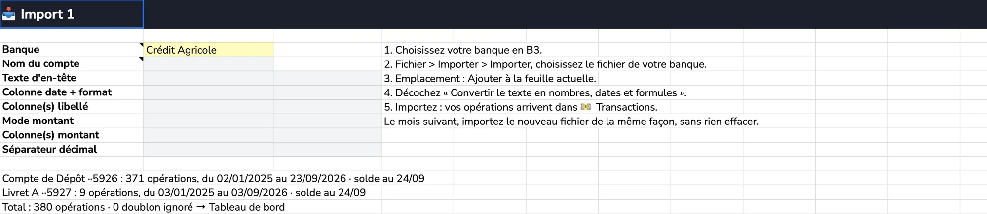 L’onglet Import 1 du fichier Exemple après un import, données fictives