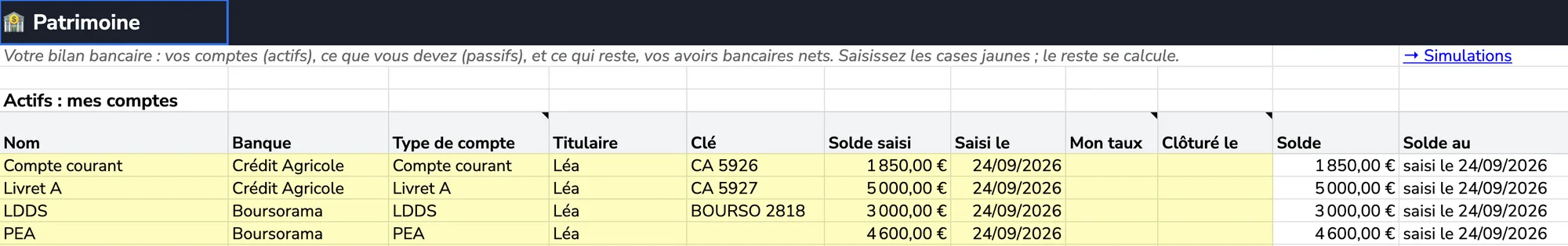 L’onglet Patrimoine de l’exemple : un compte courant, un Livret A, un LDDS et un PEA avec leur banque et leur solde.